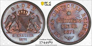 GERMANY - BADEN , BRONZE 1 KREUZER 1871 - PCGS MS 65 BN (15A) , RARE - Picture 1 of 3