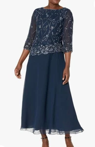 J Kara Women's Beaded Scallop Bodice Asymmetrical Gown Dress Navy, 14 - Picture 1 of 2