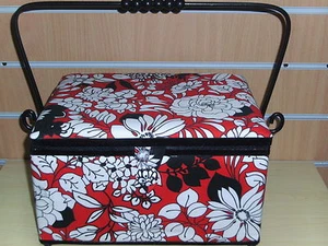 BNWT - Large - Bold Floral Design on Red Fabric Covered Sewing Box by Hobby Gift - Picture 1 of 4