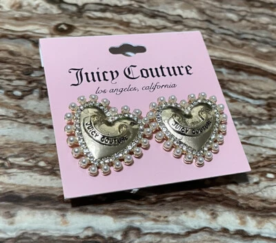 Juicy Couture Jewelry Gold Heart Stud Earrings Pearl Crystal Pave Rhinestones - Image 1 of 4