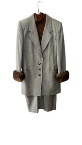 Women’s Ricki Freeman For Terri Jon 100% Wool Houndstooth Suit. Mink Cuffs. 12 - Picture 1 of 8