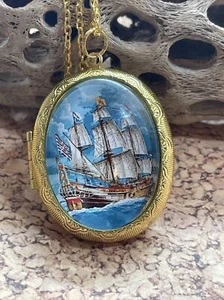 Gold Photo Nautical Beach Pirate Ship Sailor Wedding Keepsake Locket Necklace - Picture 1 of 10