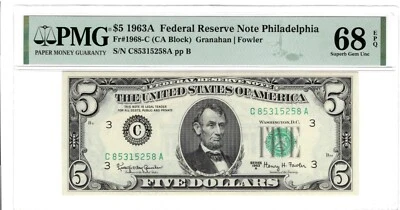 RARE $5 1963A FRN Philadelphia SUPERB GEM PMG 68EPQ FR 1968C  CA Block  1 of 4 - Image 1 of 2