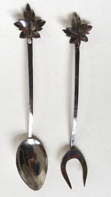 Tenedor y cuchara de cóctel BOB FORD Canadá vintage hecha a mano hoja de arce esterlina Foto 1 de 4