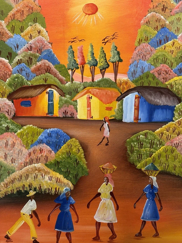 Haitian Village Vibrant Original Signed Painting, Cultural Fine Art Decor Gifts - Image 1 of 4