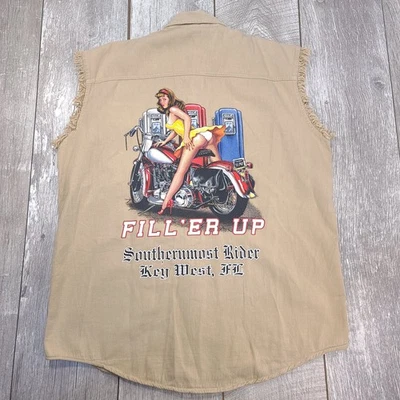 Biker Wear Mens Fill'er Up Key West Shirt Large Button Sleeveless Pin Up Girl - Image 1 of 4