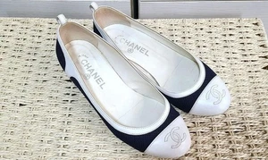 Chanel Flat Shoes Coco Mark Bicolor Leather Size 36 US 6 White Navy Women - Picture 1 of 5