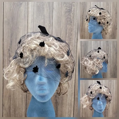 Vintage 1950s Black Cocktail Hat with Chenille Dotted Veil – Fascinator Style - Image 1 of 4