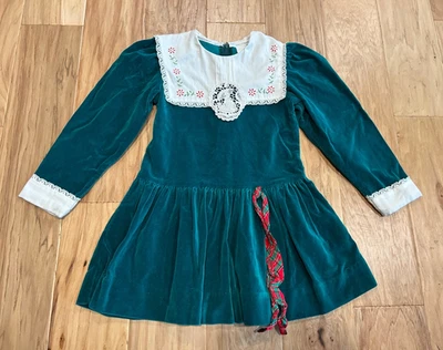 Vestido navideño vintage de los 80 para niñas verde esmeralda cuello babero bordado 4 Foto 1 de 4
