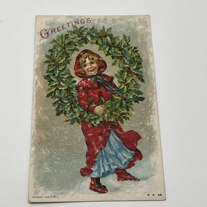 Vintage Postkarte um 1910 Weihnachtsgrüße Stechpalme Beeren Kranz - Bild 1 von 2