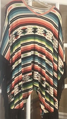 Double D Ranchwear Serape Aztec Print Poncho Black Fringe Size XS…. - Image 1 of 4
