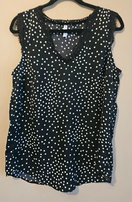 Womens  Black with white polka dots with Lace Trim V-Neck sz Med - Image 1 of 4