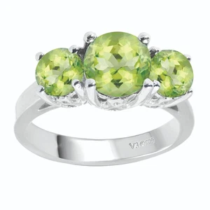 Alianza de tres piedras enchapada en oro blanco de 14 k peridoto natural corte redondo de 1 3/4 quilates - Imagen 1 de 5