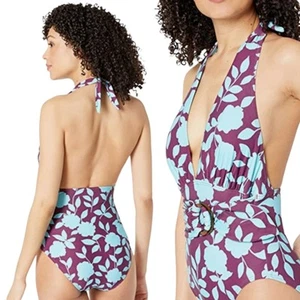 Kate Spade Geranium Grove Belted Plunge Halter One-Piece Swimsuit - Picture 1 of 11