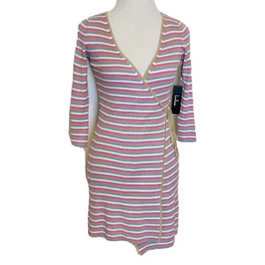 Nuevo Vestido Lululs Taupe Multi Rayas Suéter Envolvente Talla Pequeña Mujer Rosa Azul - Imagen 1 de 9