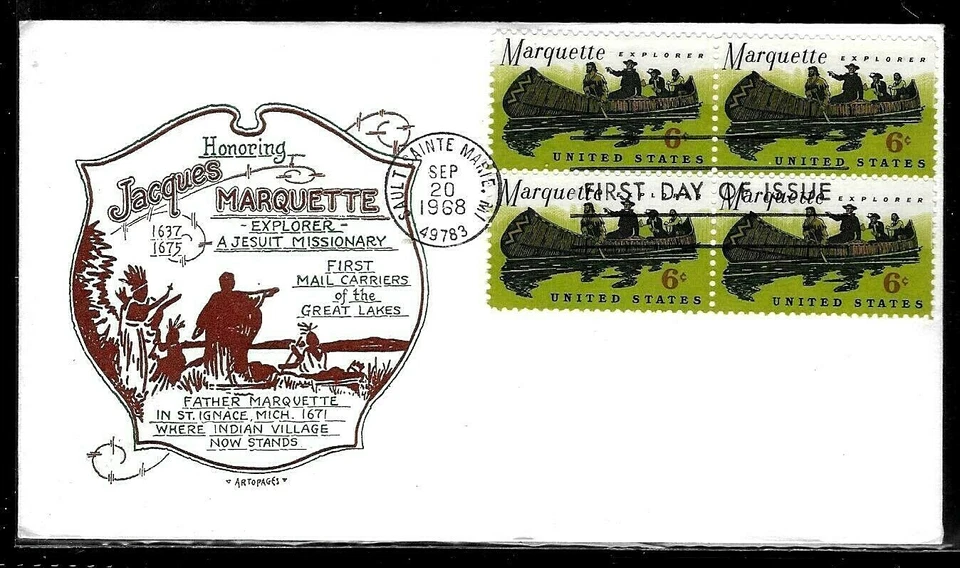 1356 6c Stamp (1968) FATHER MARQUETTE FDC BY ARTOPAGES CACHETS - BLOCK !!! - Image 1 of 1