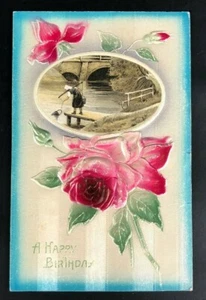 Antique Silk Postcard Greeting Happy Birthday Card LOVELY ROSES Heavy Embossing - Picture 1 of 5