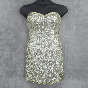 Mini Vestido Scala Lentejuelas 6 Champagne Dorado Sin Tirantes Seda Forrado Bordado Desnudo - Imagen 1 de 15