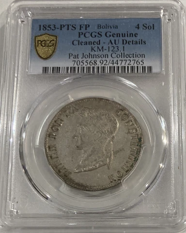 1853-PTS BOLIVIA 4 SOLES SILVER COIN🔥PCGS AU details! PAT JOHNSON COLLECTION! Cover