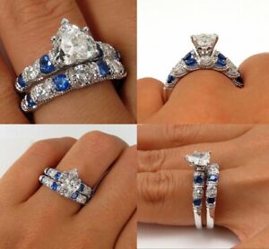 3 Ct Heart Simulated Blue Sapphire Wedding Bridal Set Ring 14K White Gold Plated