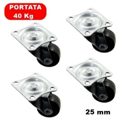 SET 4 MINI RUOTE IN GOMMA 25 mm CON SUPPORTO METALLICO SU CUSCINETTO PORT. 40 Kg - Immagine 1 di 2