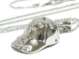 BASEBALL CAP WhiteGold Plated Clear Crystal Baseball Cap 16" Fun Necklace - Picture 1 of 1