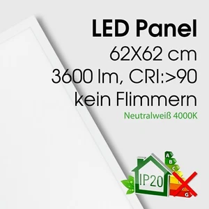 LED Panel 62x62 40W 4000K Farbwiedergabe CRI>90 kein Flimmern Deckenbeleuchtung - Bild 1 von 9