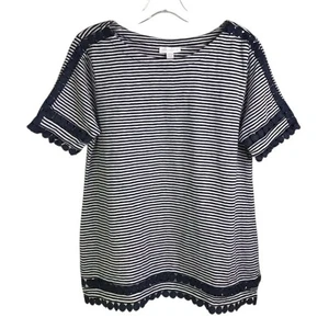Charter Club Top Womens size PL Blue White Pullover Striped PomPom Trim - Picture 1 of 8