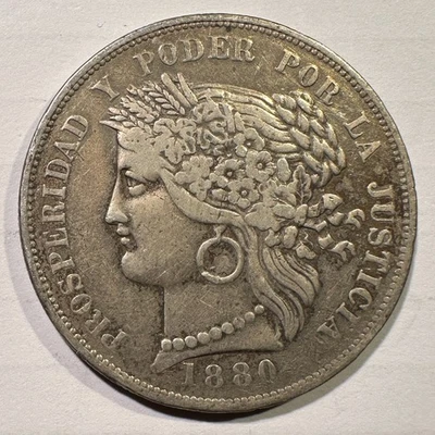 1880 B Peru 5 Pesetas No Dot Silver Crown Sized Coin Market Fresh - Image 1 of 2
