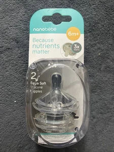 2-Pack NANOBEBE 6m+ Extra Soft Clear Silicone Nipples Fast Flow NEW SEALED - Picture 1 of 3