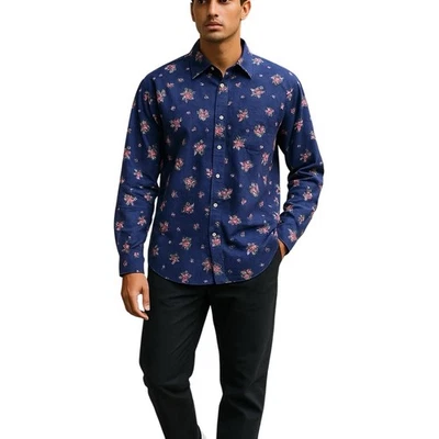 Camisa social masculina Bar Iii tamanho grande slim fit elástica azul floral manga longa - Imagem 1 de 4