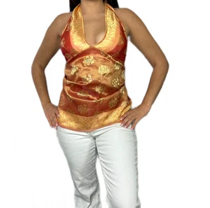 Boho Elástico Lazo Espalda Abierta Satén Brocado Top Mujer Halter Verano Tops - Imagen 1 de 5