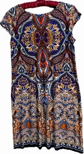 R&K Dress L Paisley Blue And Orange Stretch Knit Cap Sleeve Knee Length Sundress - Picture 1 of 7