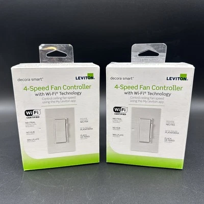 2 NEW Leviton Decora Smart Wi-Fi Ceiling Fan Speed Controller White No. DW4SF - Image 1 of 4