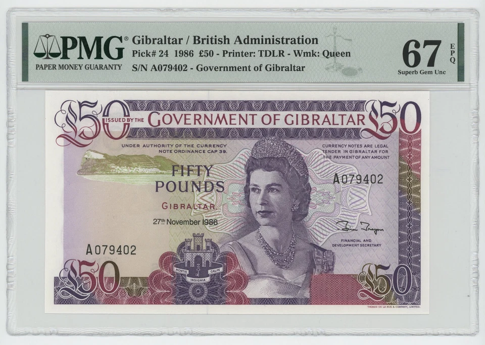 Gibraltar 50 Pounds 21-10-1986 Pick 24 UNC Uncirculated Banknote PMG 67EPQ - Image 1 of 2