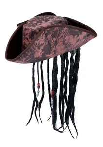 Adult Deluxe Brown Pirate Hat with Hair & Beads Caribbean Fancy Dress - Picture 1 of 3