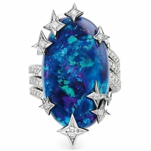 Australian 29.89 CT Oval Cabochon Cut Blue Opal & Shiny CZ Stunning Pretty Ring - Picture 1 of 2
