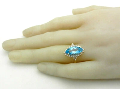 Beautiful Solid 10k Yellow gold Marquise Blue Topaz & Diamonds Halo Style Ring - Image 1 of 4
