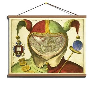 Ancient Old Decorative World Map «Fools Cap» 1580; Canvas Magnetic Wooden Hanger - Picture 1 of 21