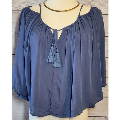 Blusa Semilla Mostaza Para Mujer Talla S Azul Cuello Atado Borla Fluida Mangas Alineadas 3/4 Foto 1 de 4