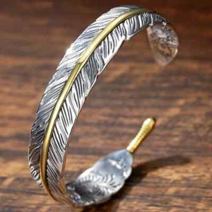 Damen Herren Retro Vintage 925 Sterling Gold Silber Feder Manschette Armreif Armband - Bild 1 von 17