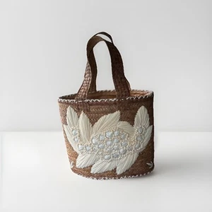 VTG 60s Boho Chic Handmade Round Raffia Straw Woven Beach Bag Tote Purse Boho - Picture 1 of 6