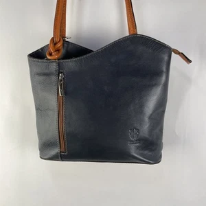 Vera Pelle Schultertasche Rucksack blau Leder wandelbar Made in Italy - Bild 1 von 15