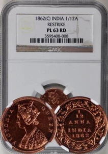 British India 1862 (C) Proof Restrike 1/12 Anna NGC PL-63 RD. Fully Red! - Picture 1 of 1