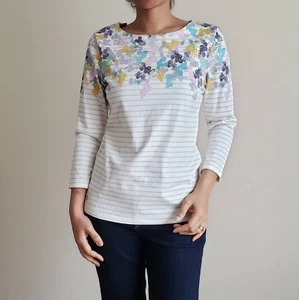 Top donna Joules maniche 3/4 righe cotone floreale taglia UK 10 EU 38 US 6 - Foto 1 di 7
