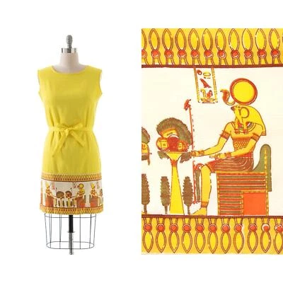 Vestido Solero Vintage Años 60 Novedad Egipcia Estampado Borde Amarillo Algodón Cambio Foto 1 de 4
