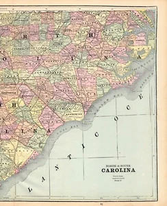 1891 Large Antique SOUTH CAROLINA & NORTH CAROLINA State Map 910 - Picture 1 of 5