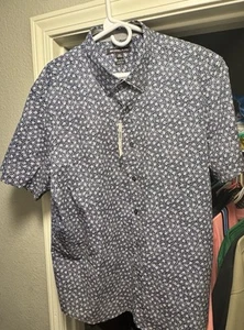 Michael Kors Short Sleeve Blue And White Button Up Collared Shirt W/ Stretch NWT - Picture 1 of 5