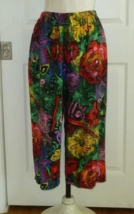 Rare JAMS WORLD Black Vibrant Floral Art D/S+Elastic Waist Pockets Crop Pants XL - Picture 1 of 15