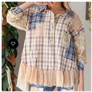 Oli & Hali Top Small Patchwork Plaid Button Up Ruffle Lace Long Sleeve Boho - Picture 1 of 14